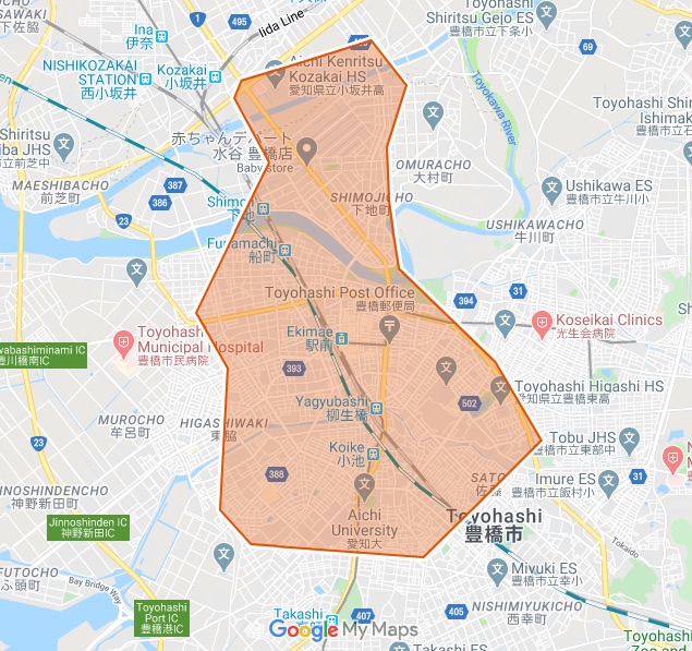 Uber Eats（ウーバーイーツ） 愛知県豊橋市の配達対応エリアマップ