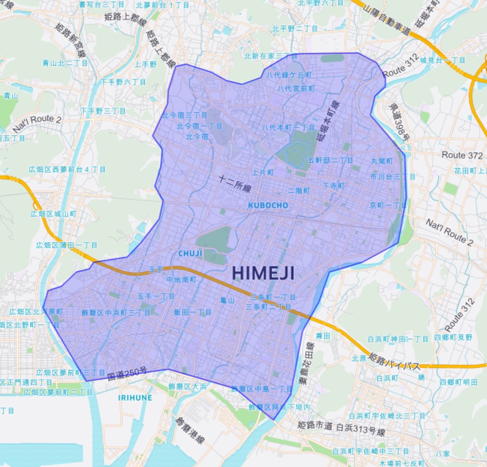 Uber Eats（ウーバーイーツ） 兵庫県姫路市の配達対応エリアマップ