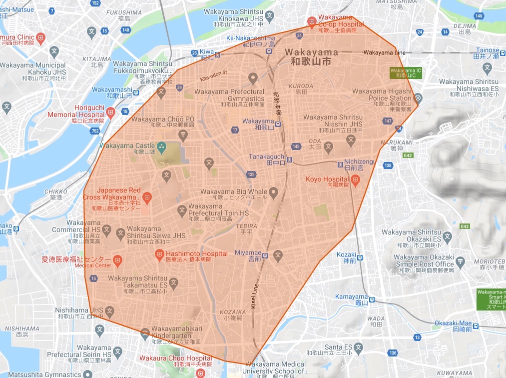 Uber Eats（ウーバーイーツ） 和歌山市の配達対応エリアマップ