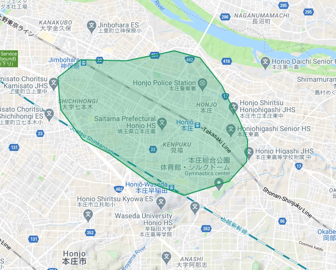 Uber Eats（ウーバーイーツ） 埼玉県本庄市の配達対応エリアマップ