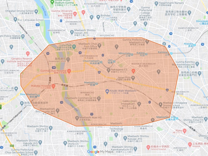 Uber Eats（ウーバーイーツ） 群馬県前橋市の配達対応エリアマップ