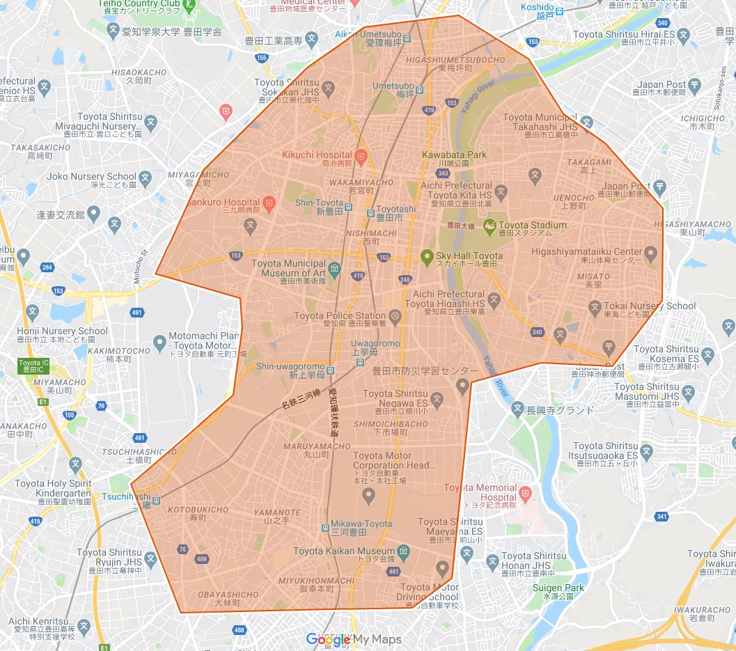 Uber Eats（ウーバーイーツ） 愛知県豊田市の配達対応エリアマップ